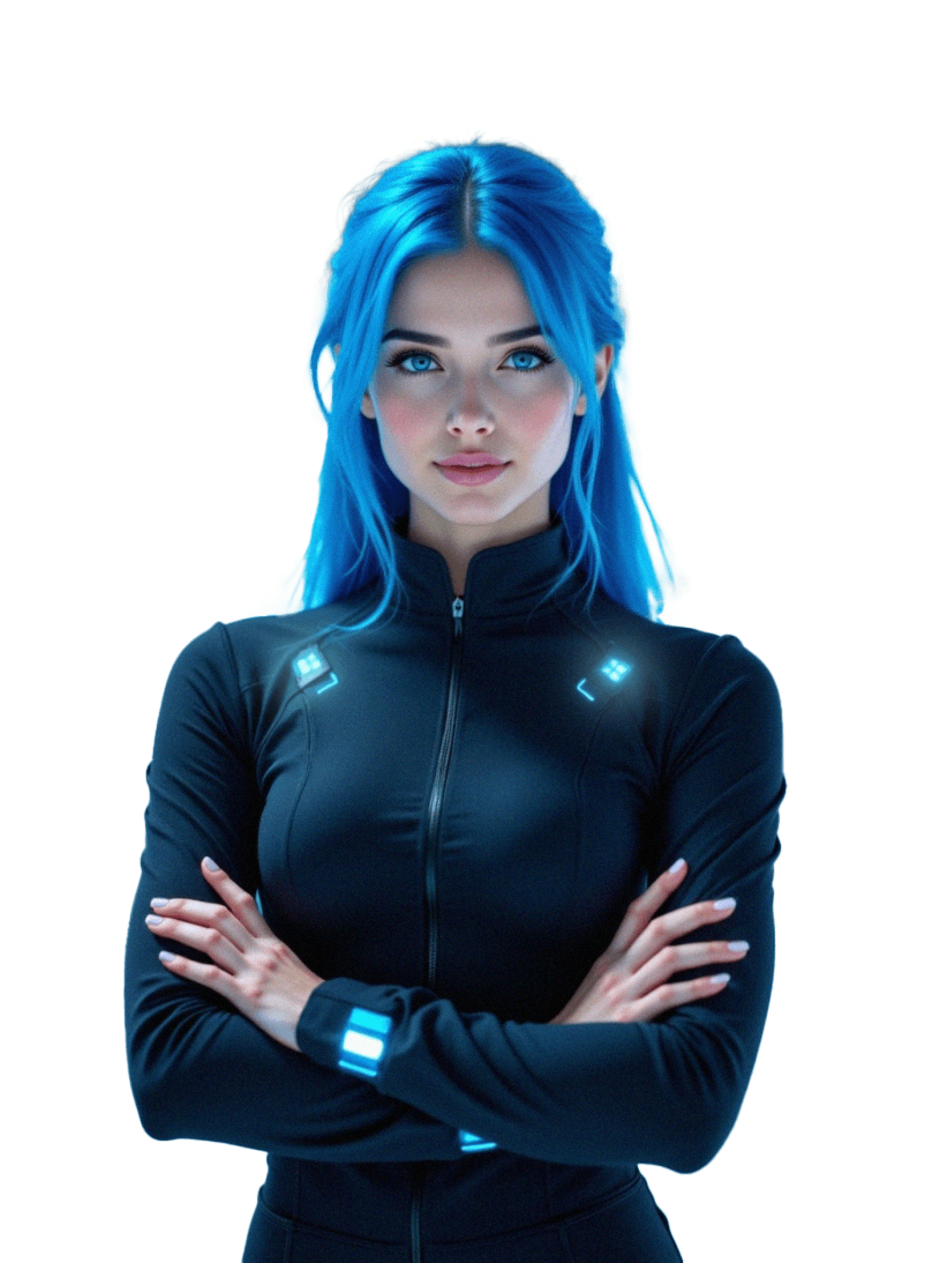 Sally, the AskSally health agent, rendered as a figure with blue hair and a sensor-lit jacket